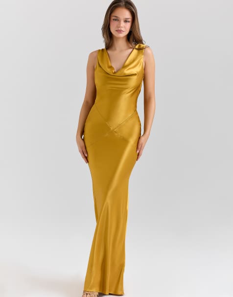 House of CB Safaira amber satin draped cowl neck maxi dress in amber