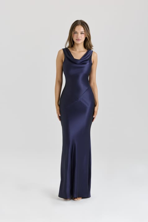 House of CB Safaira blue satin draped cowl neck maxi dress in blue