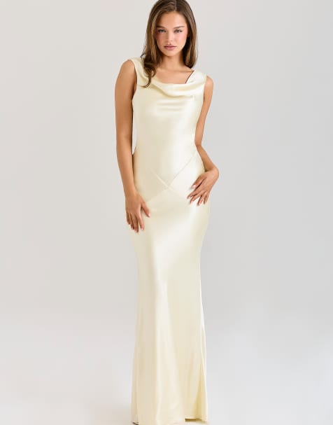 House of CB Safaira lemon satin draped cowl neck maxi dress in lemon