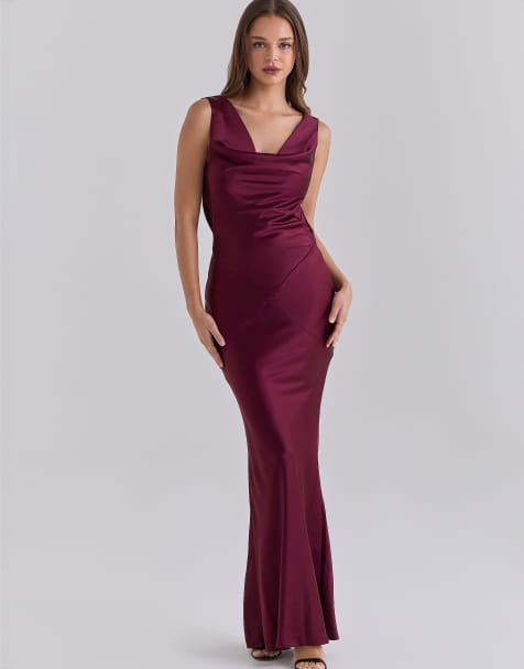 House of CB Safaira satin draped cowl back maxi dress in cabernet - view 1