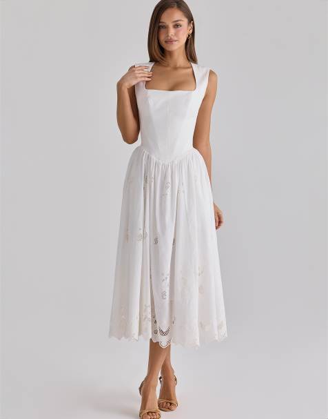 House of CB Safira white floral broderie anglaise cotton midi dress in white - view 1