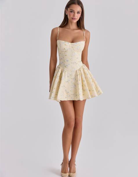 House of CB – Samaria – Baumwoll-Minikleid in Zitronengelb mit Blumenmuster und Korsettdetail - view 1