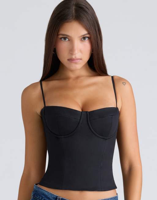 House of CB Samaria black stretch twill cupped corset top in black, 3 of 4
