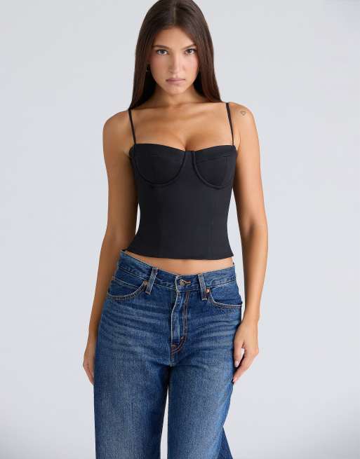 House of CB Samaria black stretch twill cupped corset top in black, 4 of 4