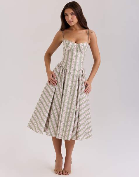 House of CB Samaria print cotton midi dress in sage striped floral - view 1