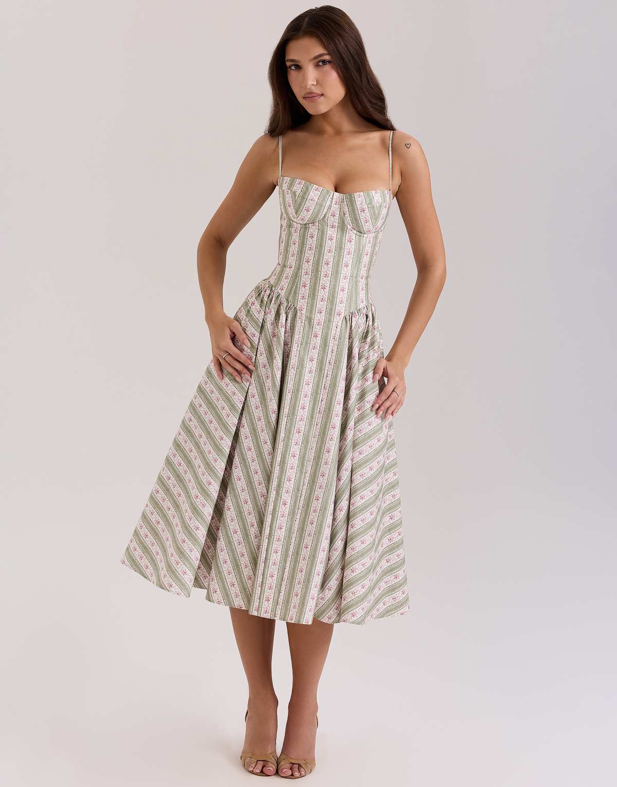 House of CB Samaria print cotton midi dress in sage striped floral