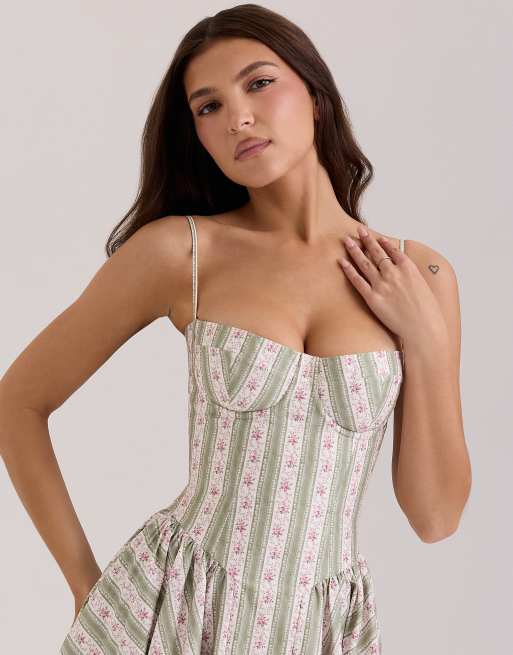 House of CB Samaria print cotton midi dress in sage striped floral