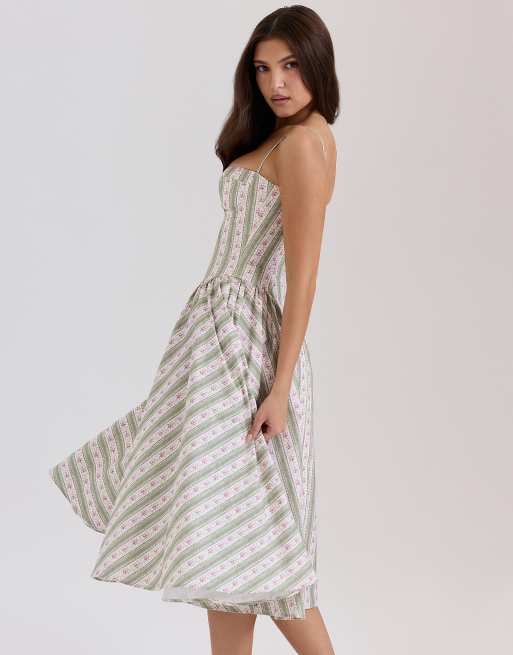 House of CB Samaria print cotton midi dress in sage striped floral