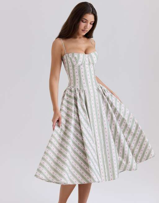 House of CB Samaria print cotton midi dress in sage striped floral
