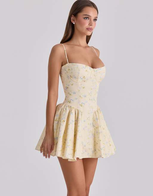 House of CB - Samaria - Robe corset courte en coton à imprimé fleurs - Citron, 2 de 4