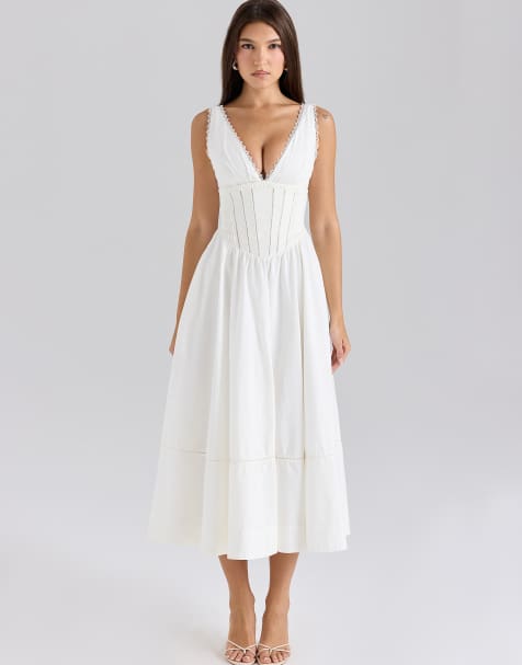 House of CB Samia white stretch cotton midi sundress in white