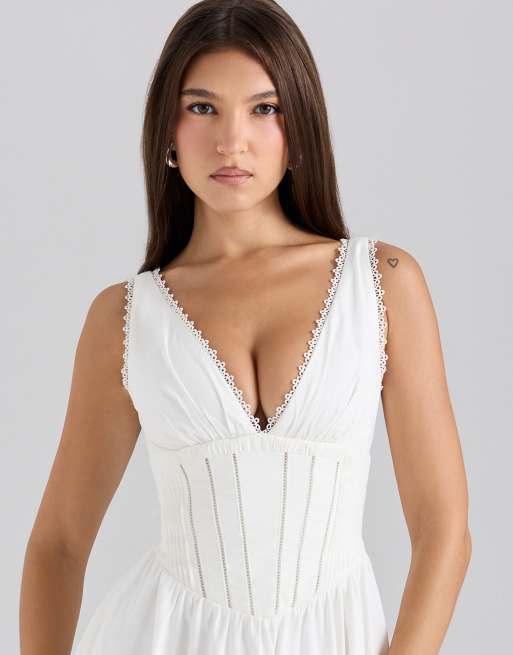 House of CB Samia white stretch cotton midi sundress in white, 4 of 4