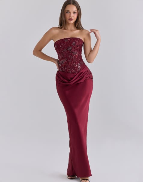 House of CB Samina cabernet embellished tulle + satin strapless maxi dress in cabernet