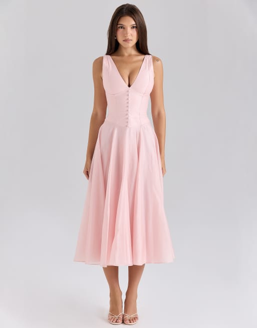 House of CB Samira chiffon button midi dress in pink, 3 of 4