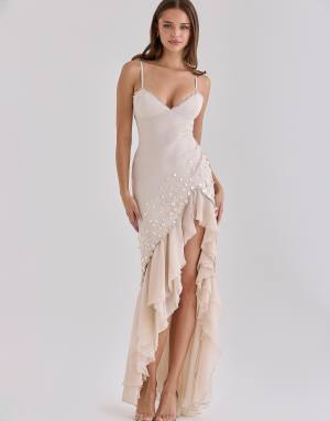 House of CB Santana almond georgette hand beaded shell embellished maxi dress - limited edition in almond