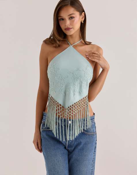 House of CB Sareena jade satin hand embellished halter neck top in jade - view 1