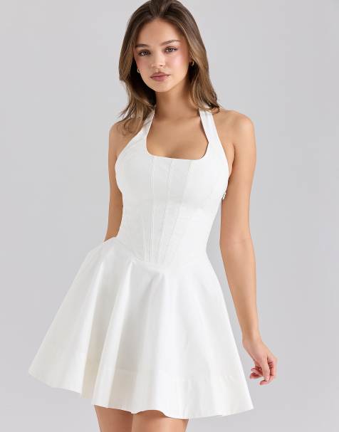House of CB Sasha stretch cotton halter neck mini dress in white