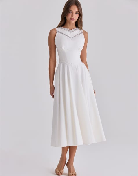House of CB – Scarlett – Tailliertes Midikleid aus Baumwolle in Weiß mit Spitzenborte - view 1
