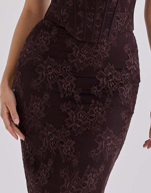 House of CB Serelle midirok van kant in chocoladebruin, 3 van 4