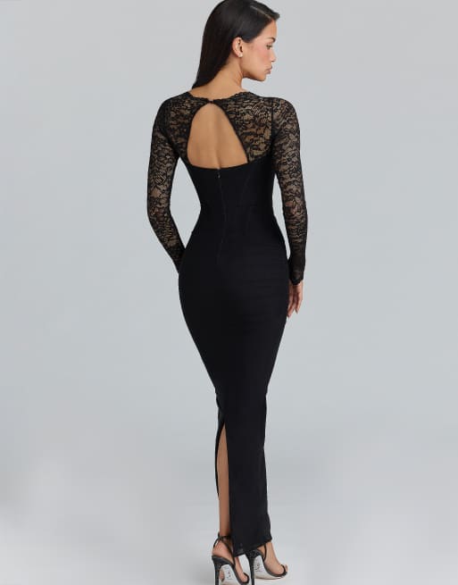 House of CB Shiloh black lace long sleeved corset maxi dress in black | ASOS