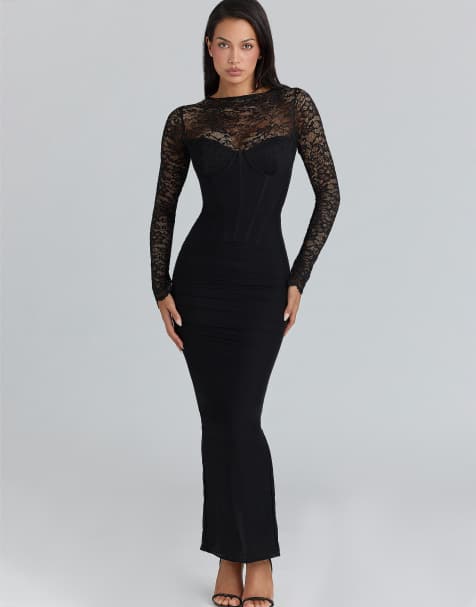 House of CB Shiloh lace long sleeved corset maxi dress in black - view 1