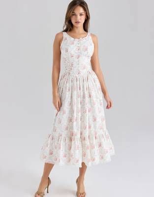 House of CB Sienna stretch cotton lace up midi dress in rose print - view 1