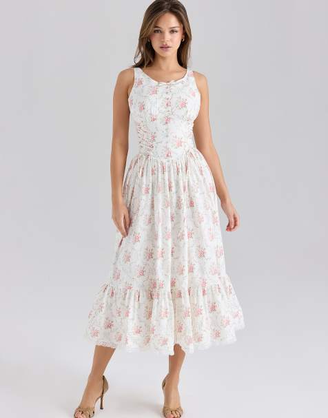 House of CB Sienna stretch cotton lace up midi dress in rose print