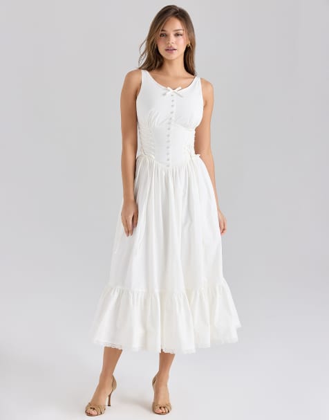 House of CB Sienna stretch cotton lace up midi dress in white