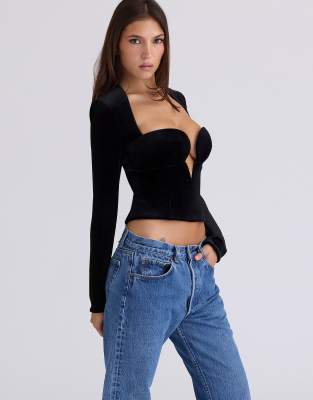 House of CB - Sierra - Top corset en velours à décolleté plongeant - Noir
