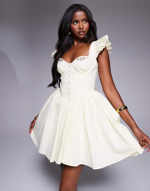 House of CB Sisi cotton embroidered mini dress in lemon