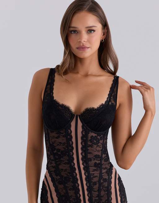 House of CB Sofia robe courte corset en dentelle bleu nuit, 3 de 4