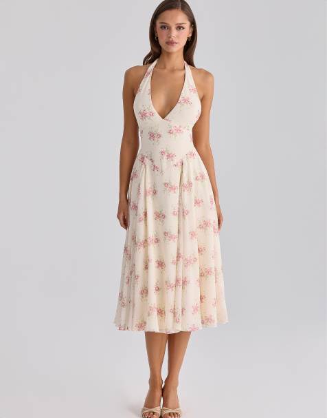House of CB - Solada - Midi jurk van georgette met halternek en vintage rozenprint in ivoorwit - view 1