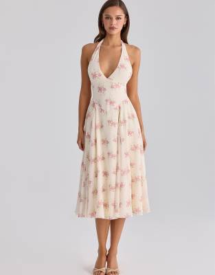 Solada - Neckholder-Midikleid aus Georgette in Elfenbeinweiß mit Vintage-Rosenmuster Weiß XL A-C Cup