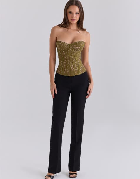 House of CB Solaine olive floral lace boned corset top in olive - view 1