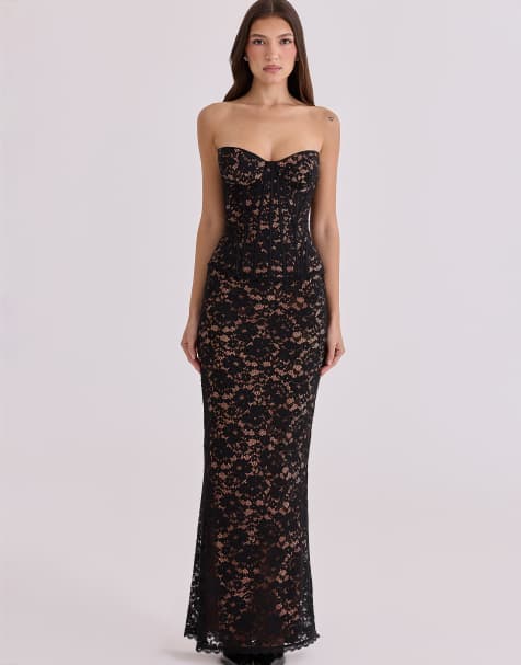 House of CB - Solaine - Vestito lungo a corsetto in pizzo nero e cipria - view 1