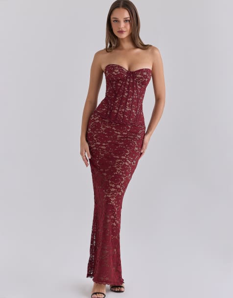 House of CB Solaine vestito lungo corsetto in pizzo floreale cabernet - view 1