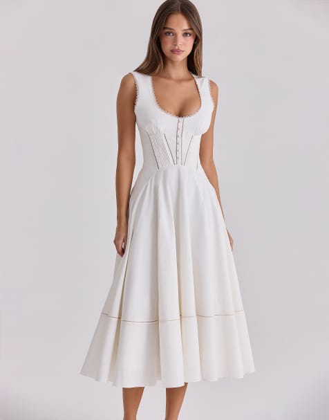 House of CB – Solana – Midi-Sommerkleid aus Baumwolle in Weiß mit geraffter Taille - view 1