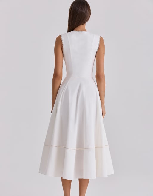 House of CB Solana robe d'été midi en coton blanc à taille cintrée, 3 de 4