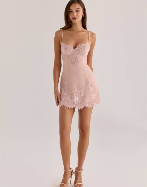 House of CB Soraya blush custom hand beaded embellished mini dress - limited edition in blush - view 1