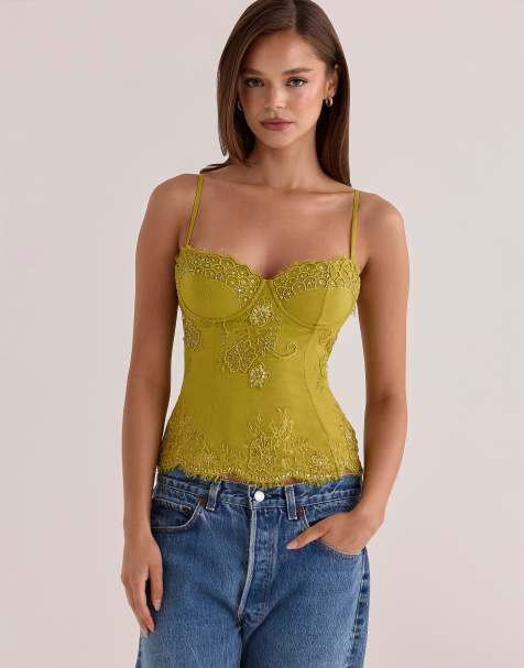 House of CB Soraya chartreuse custom hand beaded embellished top - limited edition in chartreuse
