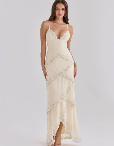 House of CB Sorelle vanilla georgette hand embellished tiered maxi dress - limited edition in vanilla