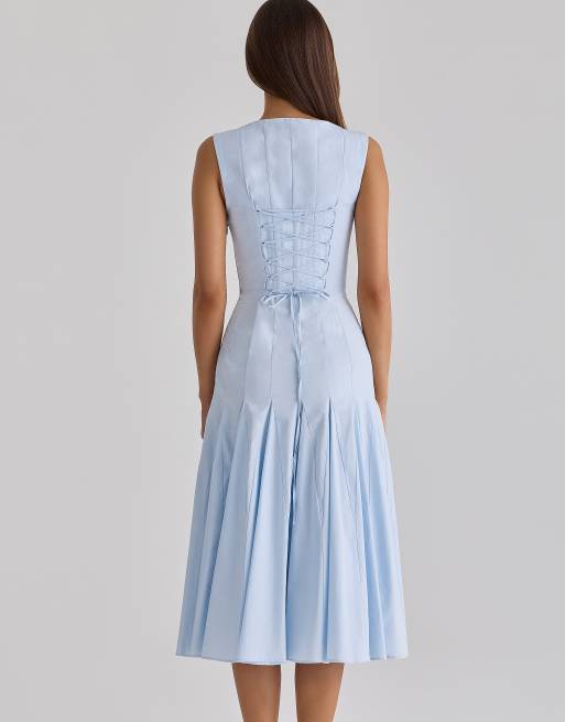 House of CB Soretta abito midi in cotone plissettato con lacci blu, 2 di 4