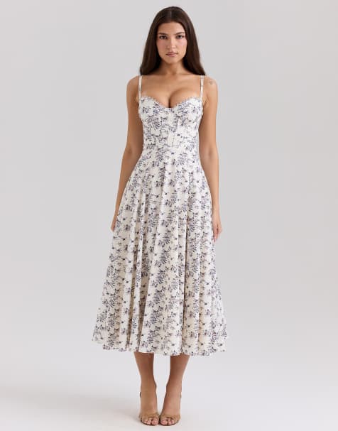 House of CB Steffani stretch cotton floral print midi sundress in cream - view 1