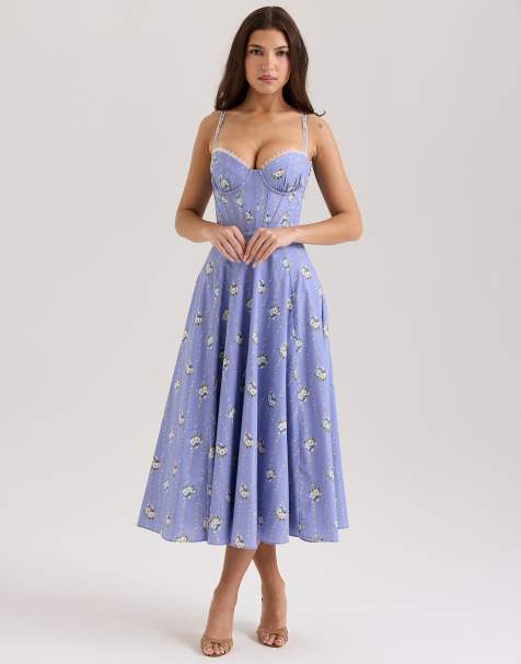 House of CB Steffani stretch cotton midi sundress in blue daisy print