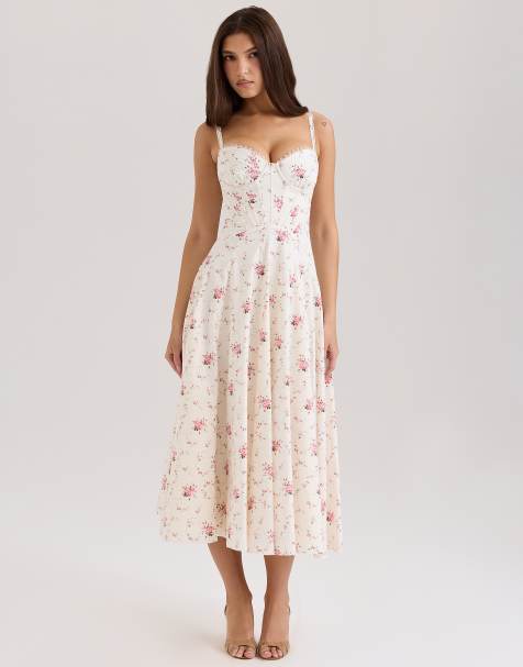 House of CB Steffani stretch cotton midi sundress in white rose print