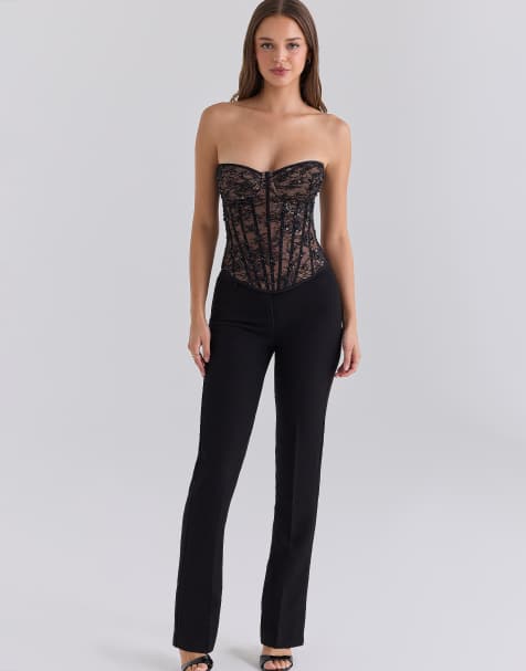 House of CB Suri top corsetto in pizzo nero decorato con perline applicate a mano - view 1