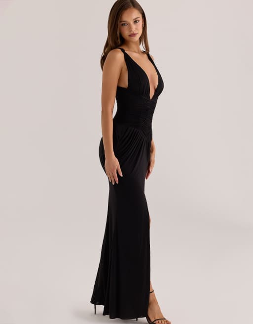 House of CB Tabitha abito maxi in jersey morbidissimo con scollo profondo nero, 4 di 4