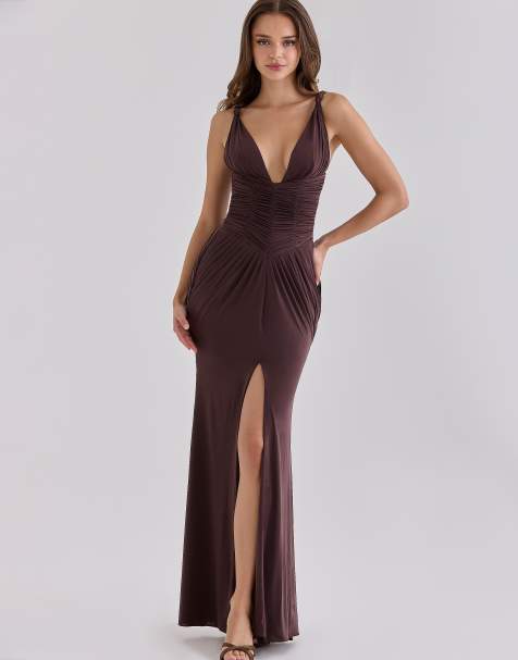 House of CB Tabitha black cherry liquid-soft jersey plunge maxi dress in black cherry - view 1