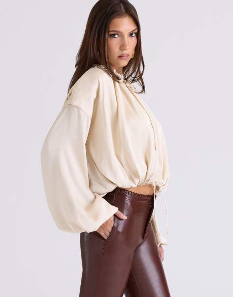 House of CB Talia satin open front blouse in ecru - BEIGE - BEIGE - view 1