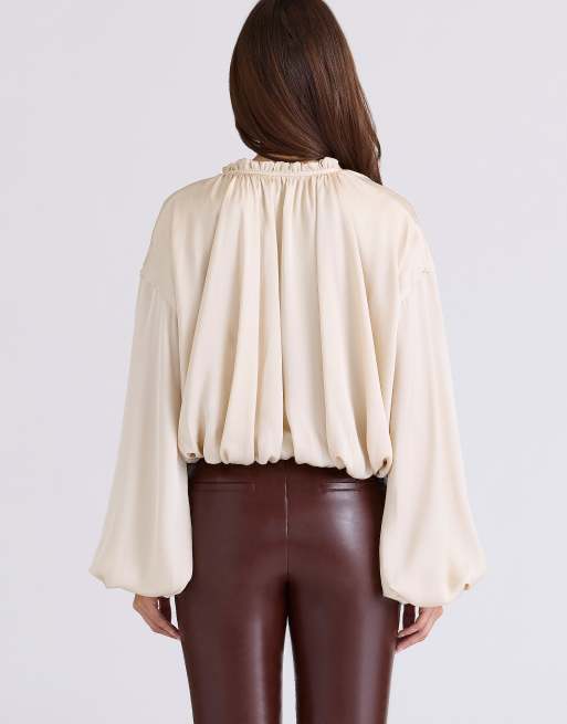 House of CB Talia satin open front blouse in ecru - BEIGE, 2 of 4